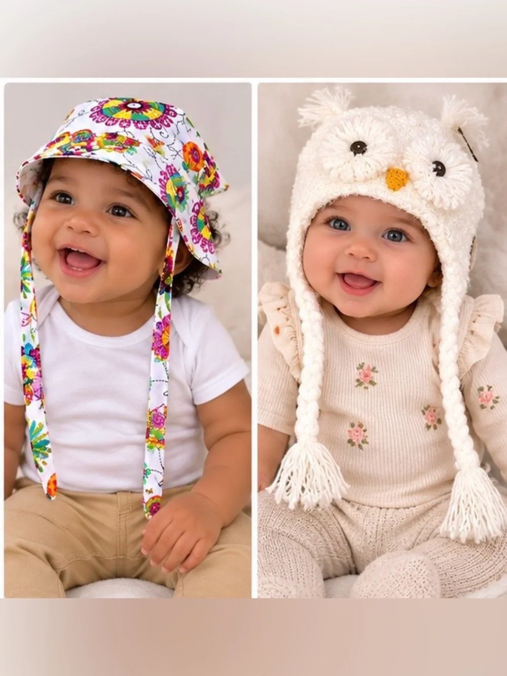 Set of 2 Floral & Owl Baby Sun & winter Hat Duo - White Owl and Multicolor